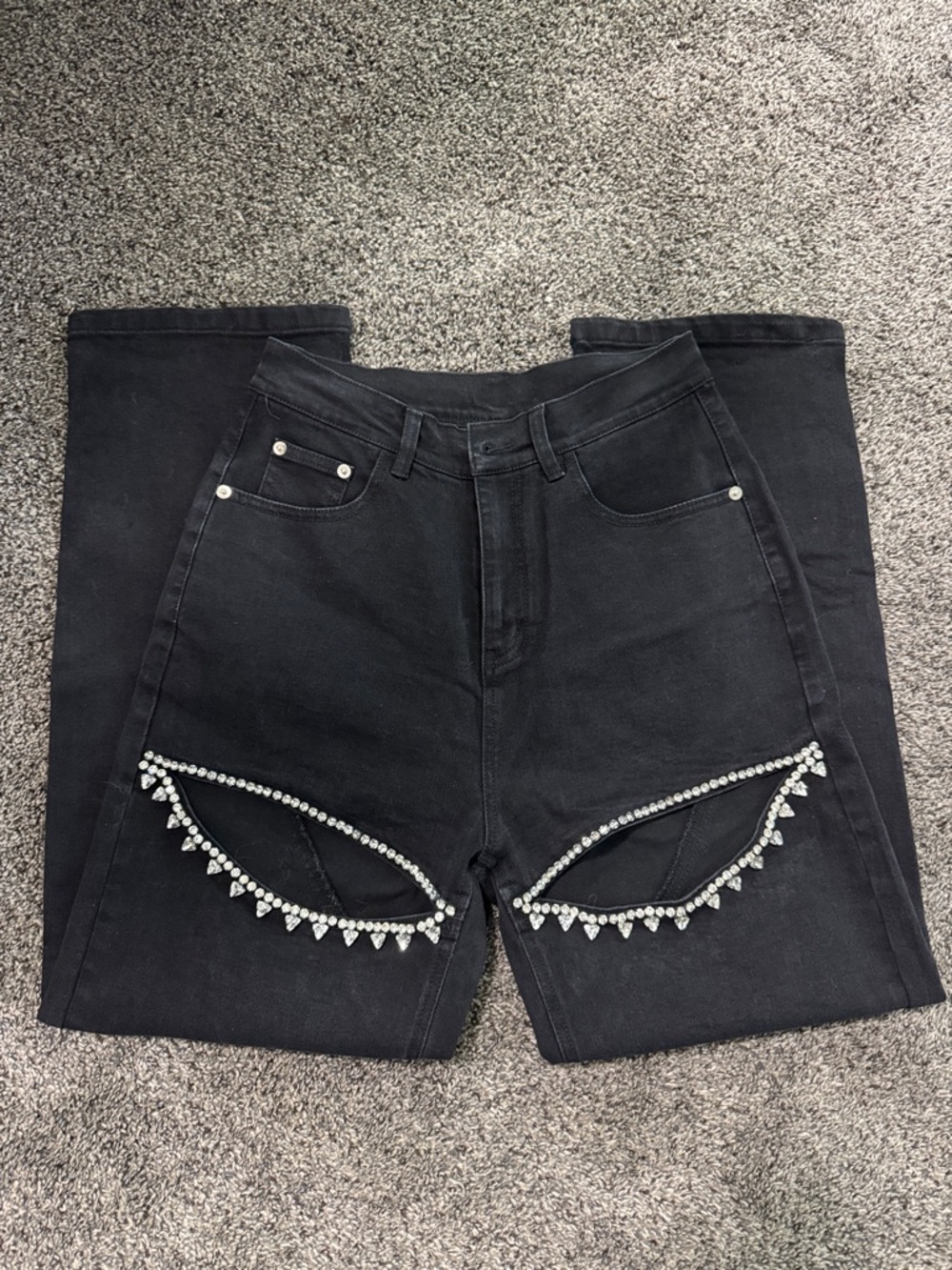 Taylor Swift Superbowl Inspired Black Jeans with Rhinestone Cutout Detail